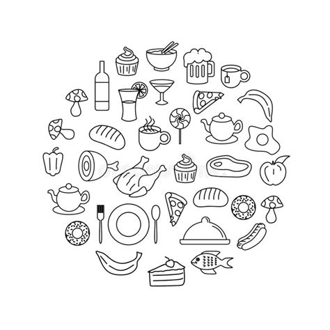 Food And Drink Doodle Circle Line Art Drawing Vector Illustration Stock