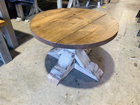 Round Farmhouse Rustic Coffee Table With Pedestal Base Distressed