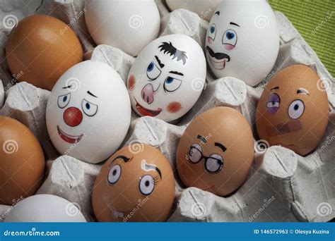 Funny Eggs With Different Faces Painted With Different Emotions Stock
