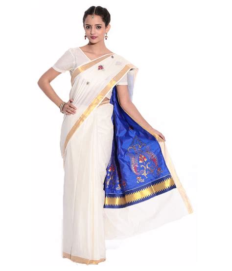 Fashion Kiosks Kerala Kasavu White Cotton Saree With Matching Blouse
