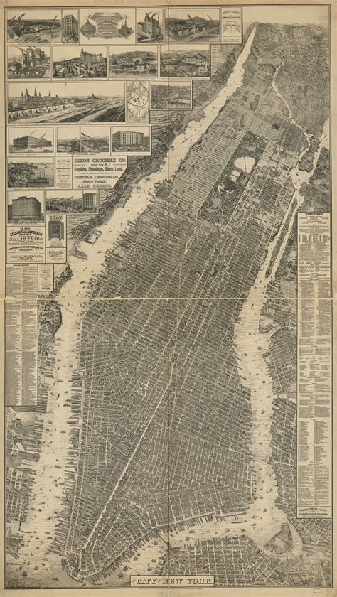 Detailed Old Panoramic Map Of Manhattan Nyc With Buildings Manhattan