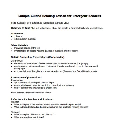 10 Sample Guided Reading Lesson Plans Sample Templates