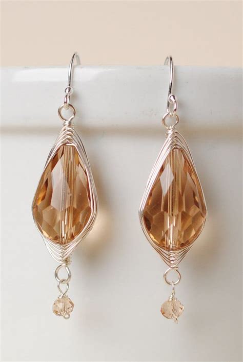 Herringbone Tan Oblong Crystal Earrings Handcrafted Earrings Wire