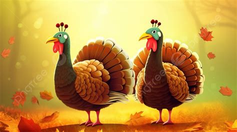 Two Turkeys Standing Together With Leaves Between Them Background Cartoon Picture Of