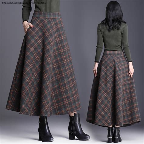 Korean Fashion High Waist Print Plaid Long Skirt Elegant Slim Big Hem