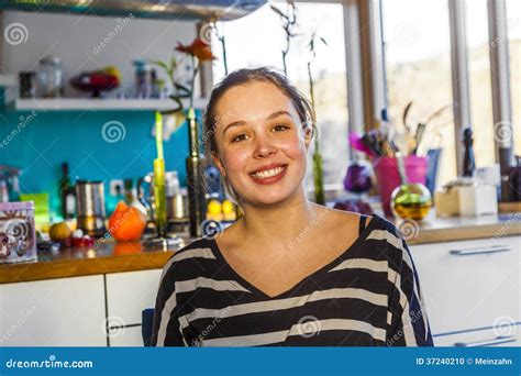 Teen Girl Sitting Kitchen Portrait Attractive Home 37240210 
