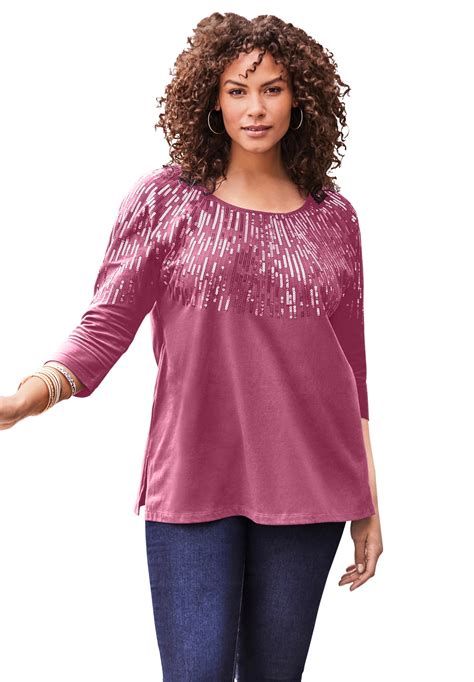 Roamans Roamans Womens Plus Size Three Quarter Sleeve Embellished