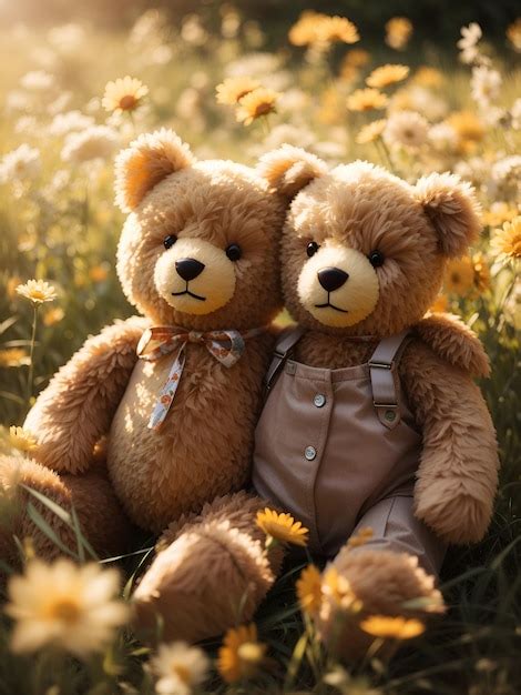 Premium Ai Image A Pair Of Cute Teddy Bears Cuddling In A Sundrenched Meadow