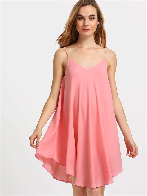pink spaghetti strap asymmetrical shift dress sundresses shein sheinside