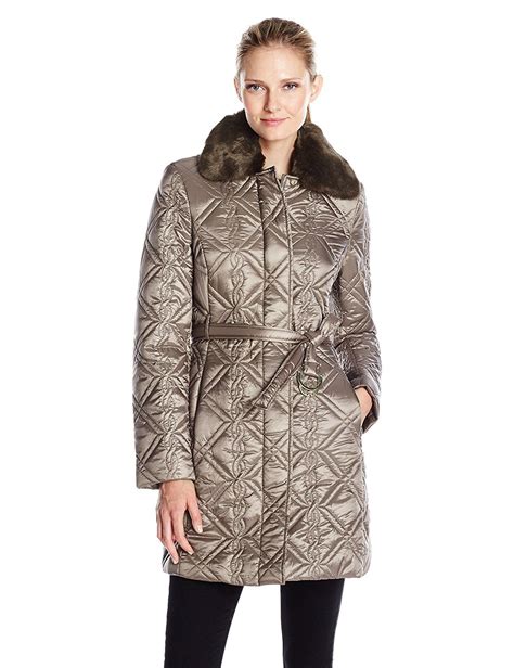 Via Spiga Womens Belted Quilted Jacket With Detachable Faux Fur Collar