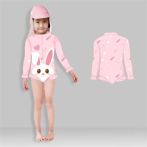 Rabbit Swimsuit Kids Swim Bikinis Set Hat Child Surfing Swimwear Dress