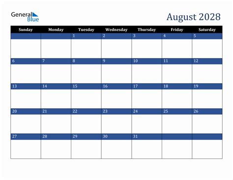 August 2028 Downloadable Sunday Start Calendar