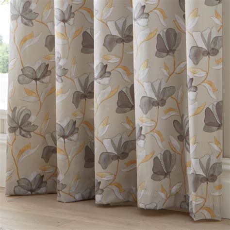 Ochre Eyelet Curtains Natural Floral Watercolour Ready Made Lined Ring