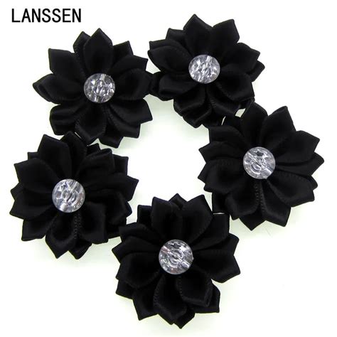 12pcs black satin ribbon flowers with rhinestone multilayers fabric flowers appliques