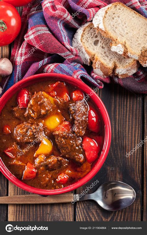 Traditional Hungarian Beef Goulash Red Yellow Pepper Stock Photo By