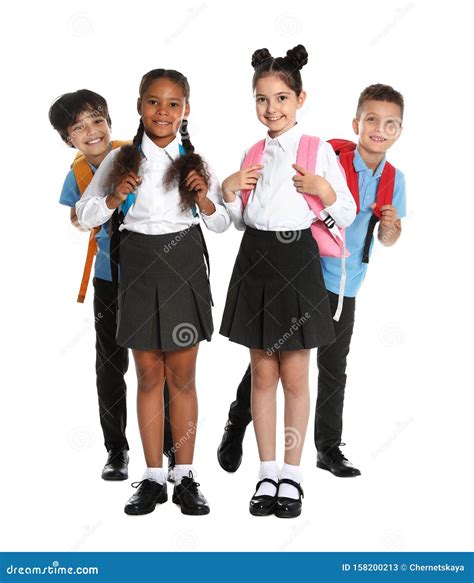 Happy Children In School Uniform On White Stock Image Image Of