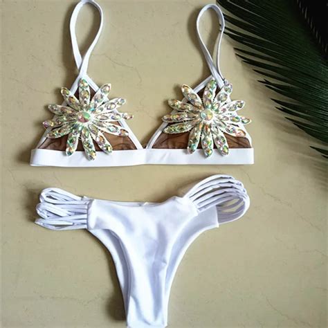 Lace Bikini Diamond Swimsuit Crystal Women Swimwear Nude Bikinis Brazilian Rhinestone Beachwear