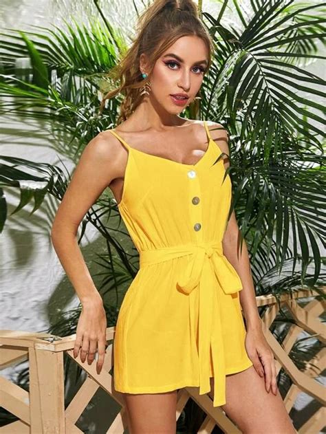 shein button front belted cami romper cami romper rompers rompers women