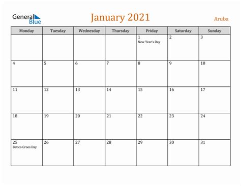 January 2021 Aruba Monthly Calendar With Holidays