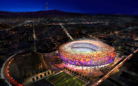 Man hand writing barcelona with black marker on visual screen. Download wallpapers New Camp Nou, night, aerial view ...
