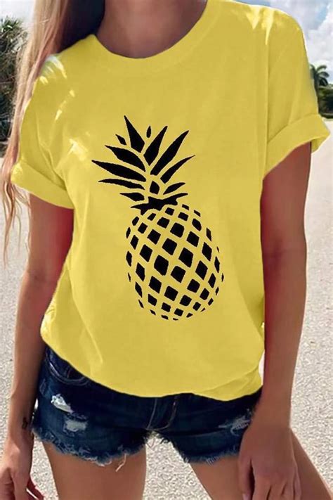 Pineapple Print Paneled Casual Short Sleeves T Shirt Immorgo Craftsmanship Fashion Fashion