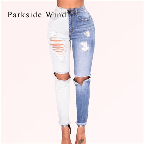 Parkside Wind Women Hole Ripped Skinny Jeans Sexy Double Color Washed Pencil Pants Plus Size