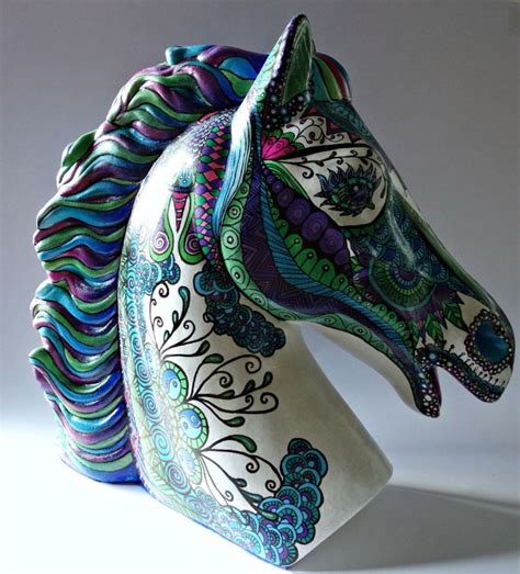 Ceramic Horse Head In Zentangle Zendoodle Style Horse Head Bust Hand