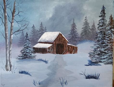 Original Acrylic Painting Cabin In The Woods Snow Etsy