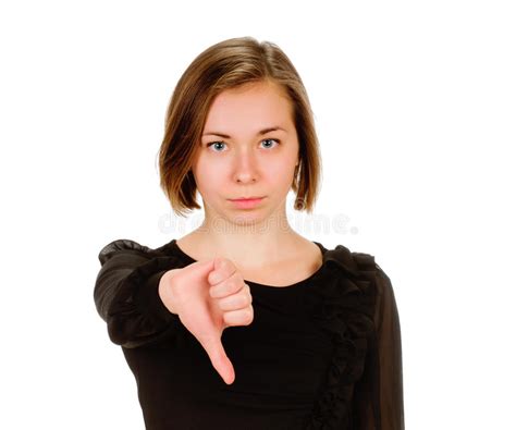 Negative Unhappy Sad Young Woman Giving Thumbs Down Hand Sign Stock