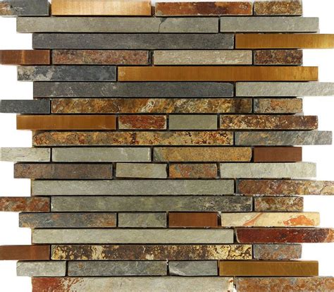 Sample Rustic Copper Linear Natural Slate Blend Mosaic Tile Kitchen