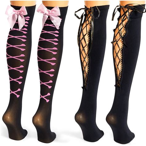 spooky central thigh high stockings for women lace up knee high socks with bow one size 2