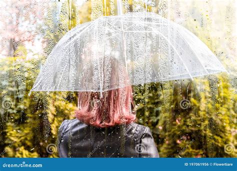 Autumn Lonely Unhappy Woman Walking In A Park Garden With Transparent