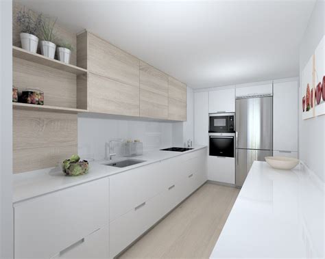 Ejemplo de cocinas en u mediterráneo con fregadero de doble seno, puertas de armario blancas, encimera de azulejos, salpicadero blanco, electrodomésticos blancos, suelo de baldosas de terracota, una isla. Cocina Santos Modelo Minos Laminado Blanco Seda Encimera ...