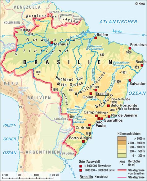 Angrenzende länder sind französisch guayana, suriname, guyana, venezuela, kolumbien, peru, bolivien, paraguay, argentinien und uruguay. Brasilien Physische Karte | goudenelftal