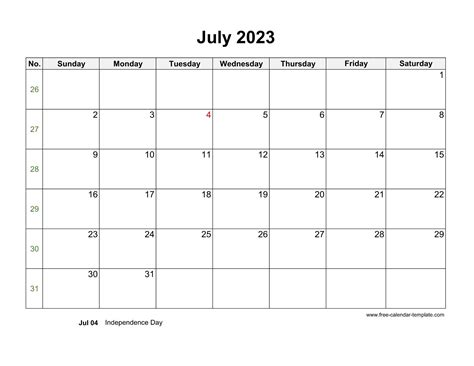 Free 2023 Calendar Blank July Template Horizontal Free Calendar