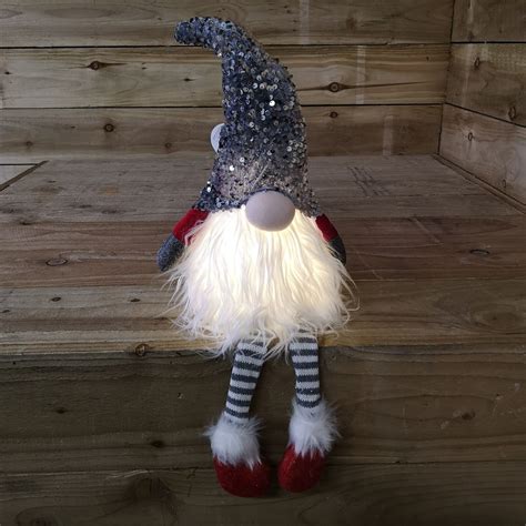 42cm Red Christmas Light Up Gnome Gonk Nordic Sitting Grey Sequins