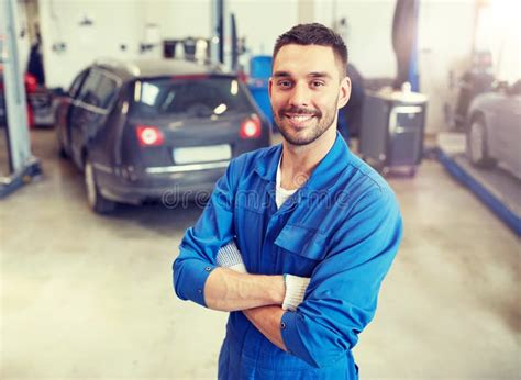 Happy Auto Mechanic Man Or Smith At Car Workshop Stock Image Image Of