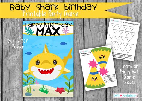 Party Game Pin The Tooth Or Party Hat On The Baby Shark Printable