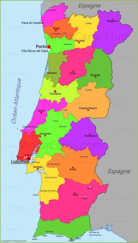 A Map Of Portugal With All The Major Cities And Their Respective Towns
