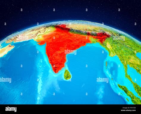 Satellite View Of India Highlighted In Red On Planet Earth 3d