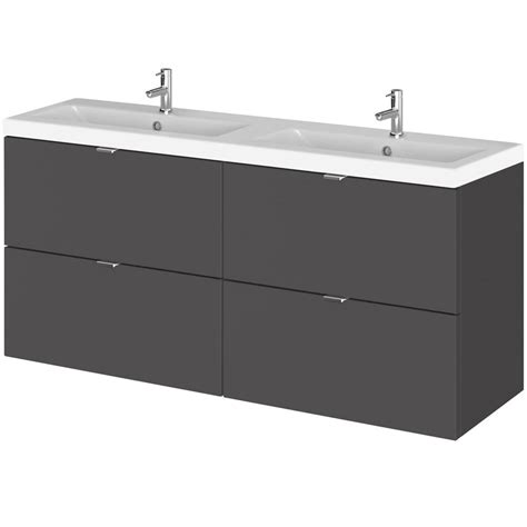 Hudson Reed Fusion Gloss Grey 1200mm Vanity Unit And Double Ceramic Basin