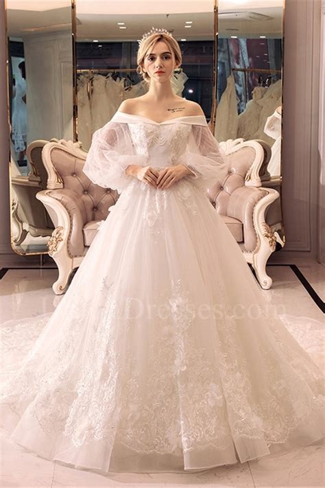Ball Gown Off The Shoulder Long Sleeve Crystal Beaded Lace Tulle