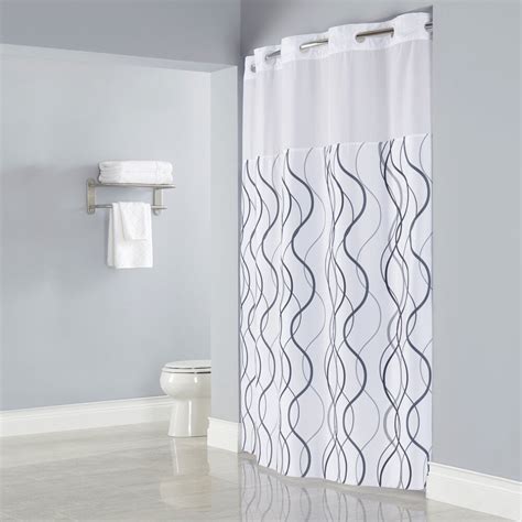 Hookless Hbh49wav01sl77 White With Gray Waves Shower Curtain With Matching Flat Flex On Rings