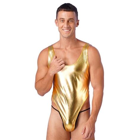 iixpin homme bodysuit métallique sexy brillant lingerie wetlook costume hot clubwear l xxl or