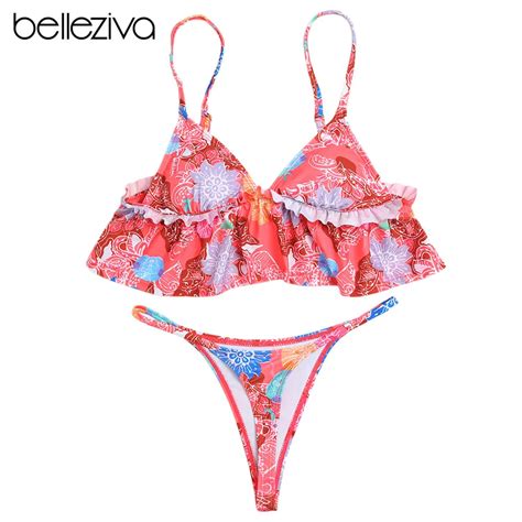 Belleziva Spaghetti Strap Padded Floral Print Ruffle Women Bikini Set Sexy Swimsuit Swimwear