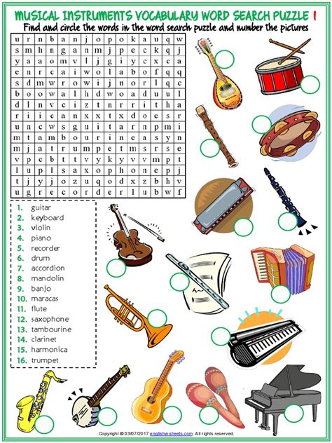 Musical Instruments Vocabulary Esl Word Search Puzzle Worksheets For