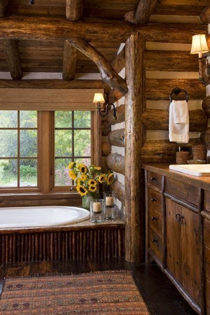 Spacious, curved shower curtain rods. Beautiful & cozy rustic cabin bathroom | Rustic cabin ...