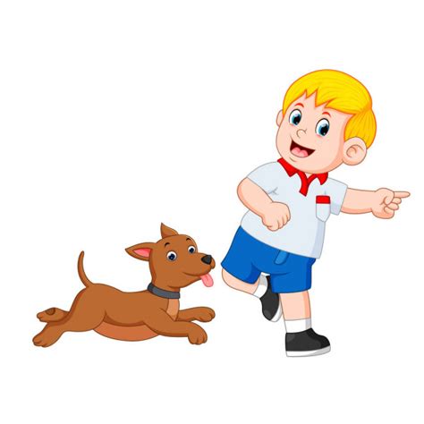 Animado Dibujo De Un Niño Con Su Perro Niño De Dibujos Animados Jugando Con Su Perro — Vector
