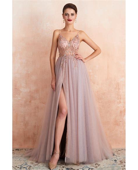 Sexy Pink Beaded Long Tulle Prom Dress With Slit Front Ez