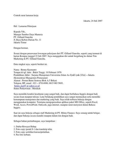 Contoh Surat Lamaran Pekerjaan Dalam Bahasa Inggris Word - Surat